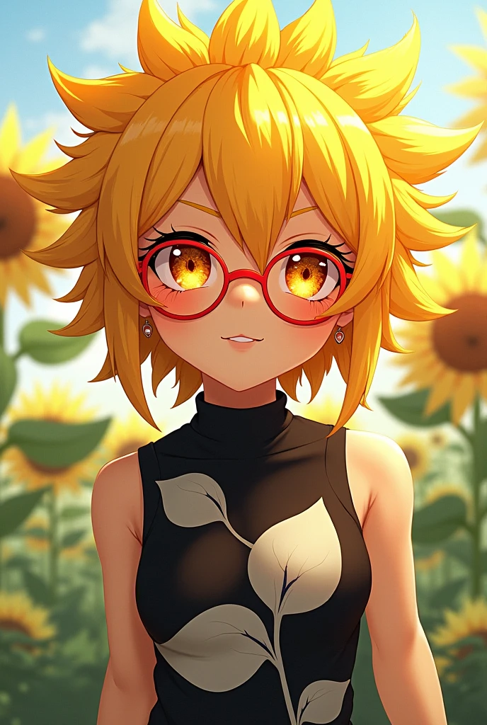 Sunbeam is a Sunflower with a sleeveless black shirt with a white leaf, a petal that makes them look like their bangs. They have red glasses/orange and yellow eyes with black pupils and eyelashes, human anime version and not an animal