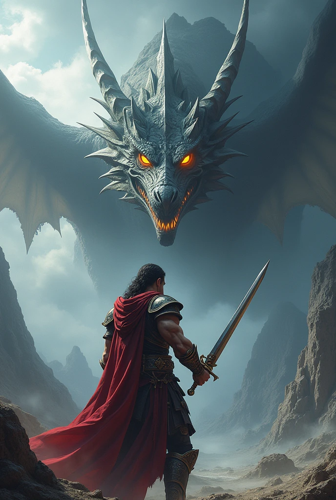 Make a male character, carrying a sword, with a dragon behind him, with the name Adhe.
