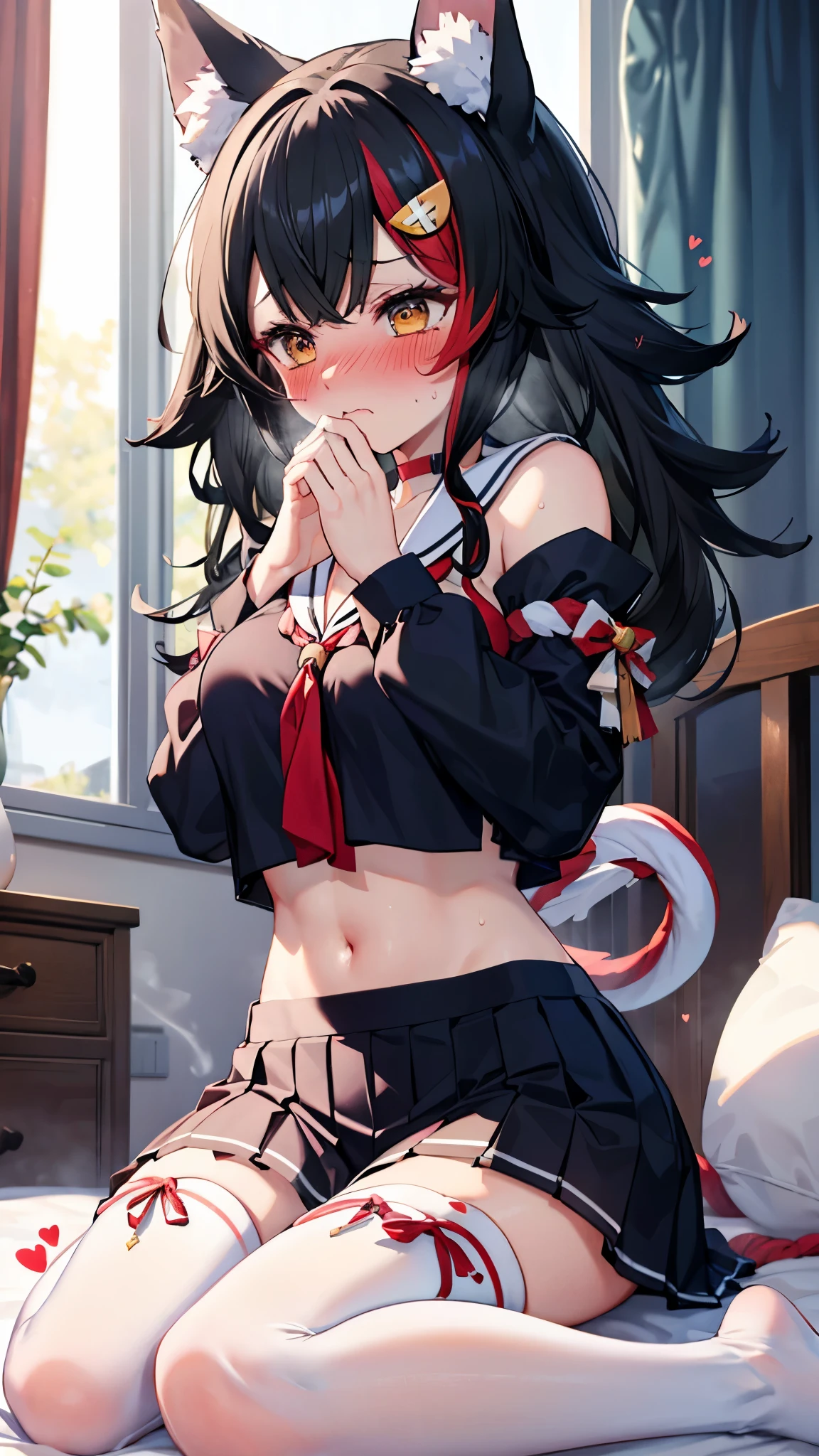(Highest quality:1.2), (Super detailed:1.2),(masterpiece:1.2),(8k:1.2),(Blessed,Captivating body、Extremely elaborate hands、Very fine eye、Super detailedな肌、Highly detailed face,Detailed Background),one person&#39;s、large breasts,
night,dark bedroom,sitting on bed,barefoot, Good, breasts, cleavage, navel, no pants, panties, thighs, underwear, wariza,
(embarrassed, nose blush:1.3)
,(vulgarity:1.1),(fucked silly:1.1),(steam:1.1),(Wet:0.7),(trembling:1.3),(tears:0.8) ,(drooling:0.7),(sweat:1.1),after sex,(heart:1.2),
,(messy hair:1.2),used condom,used tissue, tissue box, miosha1, hair ornament, Wolf tail, red choker, black shirt, sailor collar, detached sleeves, black skirt, pleated skirt, white thighhighs, midriff, Bell, rope