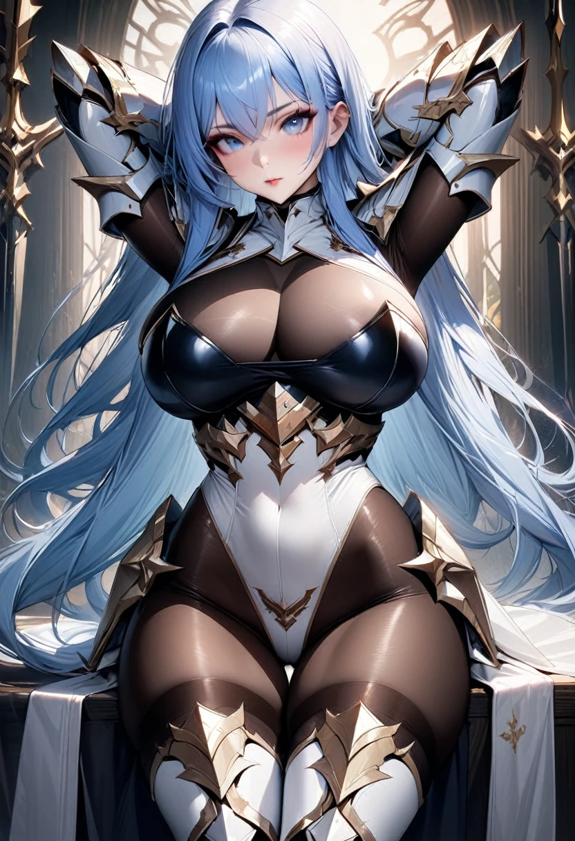 ((highest quality)), ((masterpiece)), ((hyperrealistic)), (solo), 1girl, ((curvy)), ((skindantation: 1.2)), perfect face, ((Azur Lane)), ((armored dress: 1.2)), ((paladin armor)), ((skin-tight high neck white leotard: 1.4)), ((white knight armor breastplate)), ((skin-tight black Investigator Bodystocking)), ((large pauldron)), (long gauntlet gloves), ((light blue hair straight long hair)), ((large breasts that look like they might burst)), ((pantyhose thighs)), (white knee-high boots), ((see through cleavage cutout)), zettai ryouiki, beautiful blue eyes, Perfect hands, perfect fingers, A magical spear decorated with luxurious goldwork., prepare a spear, makeup, arms behind head, sitting thighhighs
