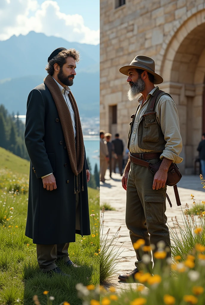 (photorealism:1.2), Two pictures side by side. In one picture, a typical Jew on the Rütli in Switzerland. In the other picture, a typical Swiss alps farmer on the Temple Mount in Jerusalem.