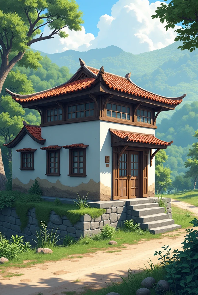 Rendered image of a guardhouse with dimensions of 3,70m x 2,80m and headroom of 2,80m. The structure has a rectangular shape and a walk around. It is located on a 2m slope, surrounded by trees and on the edge of a dirt road. The facade of the guardhouse facing the road has a sliding window with 3,20m long and 1,40m high. The other two facades have guillotine style windows with dimensions of 1,50m long by 1,40m high. Furthermore, one of these facades has a tilting window. The guardhouse is painted externally with white paint and has a one-water colonial tile roof with a fall to the back. The windows are checkered, made of wood with glass