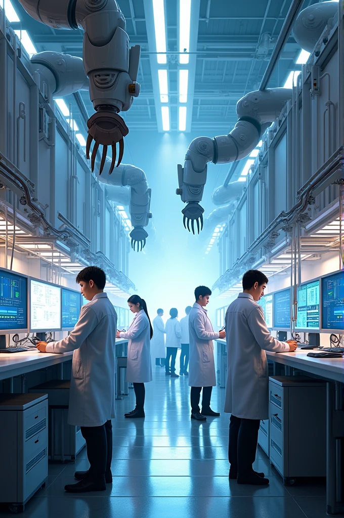 Young men and women dressed in modern technical clothes and holding modern technical equipment, a huge research laboratory full of modern technical equipment, conducting an experiment, a wall with large monitors, computers, several large robotic arms with pincers are down from the ceiling, some thick data wires are scattered on the floor,