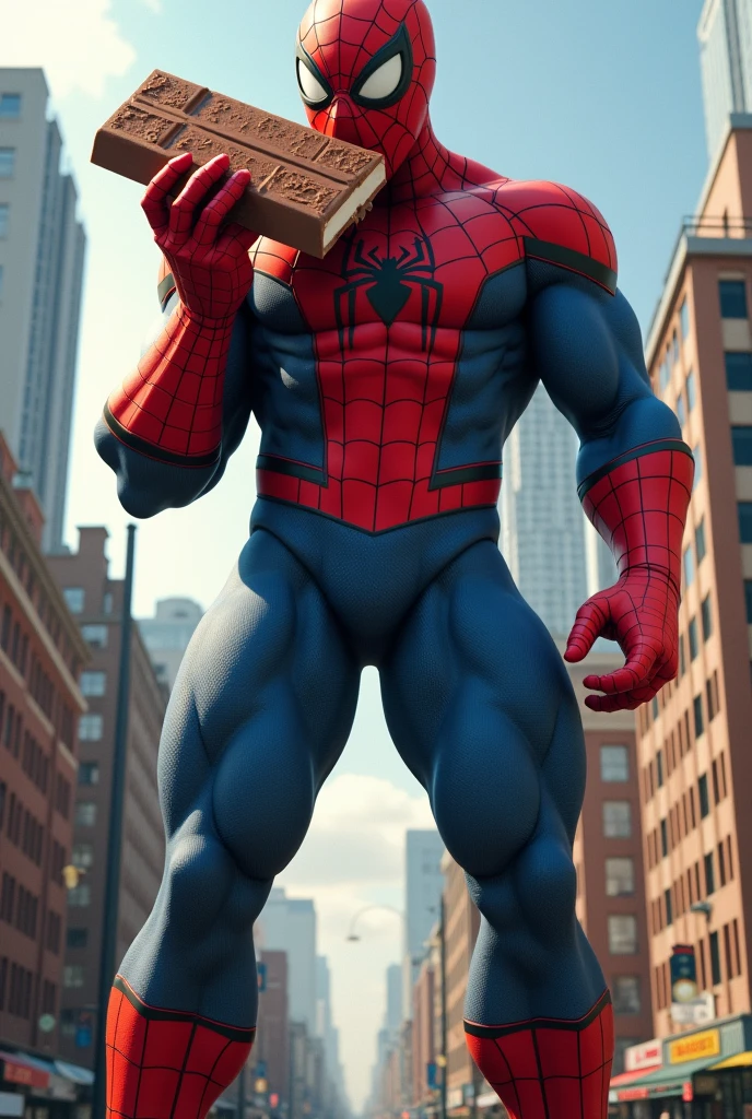 Gaint spider man eating a gaint chocolate