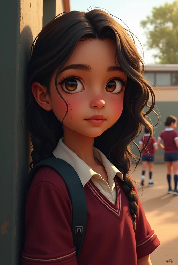 13 year old indigenous girl with dark blonde wavy hair chubby cheeks with brown eyes in a school wearing a burgundy uniform
