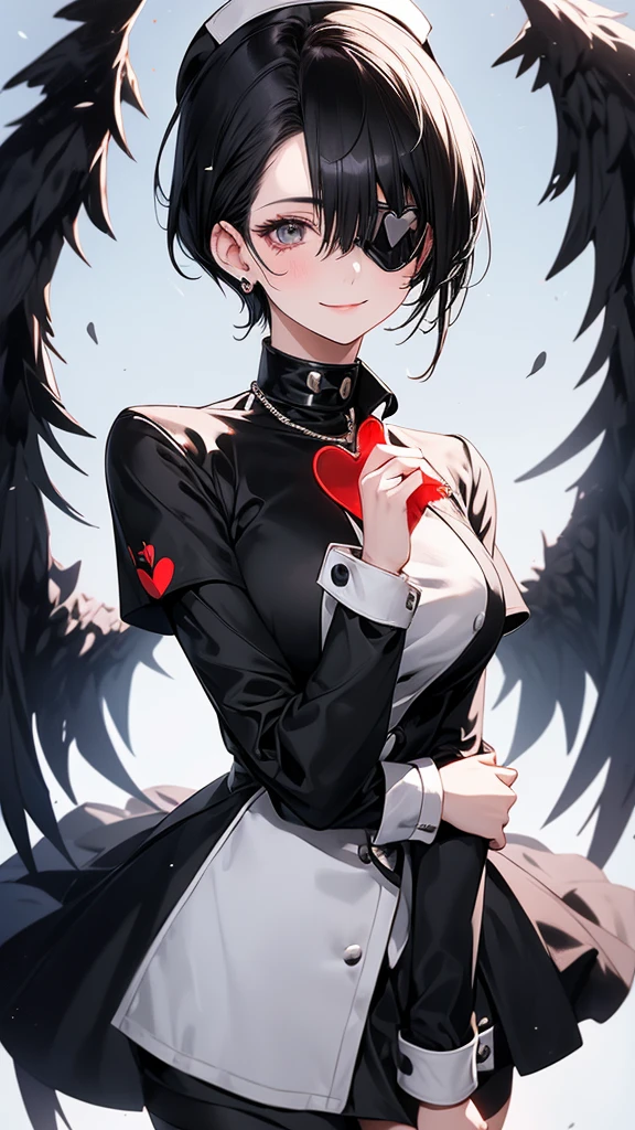 A beautiful woman wearing a shiny high-neck nurse uniform（20th Generation）Short black hair with an eyepatch with a heart mark on one eye.