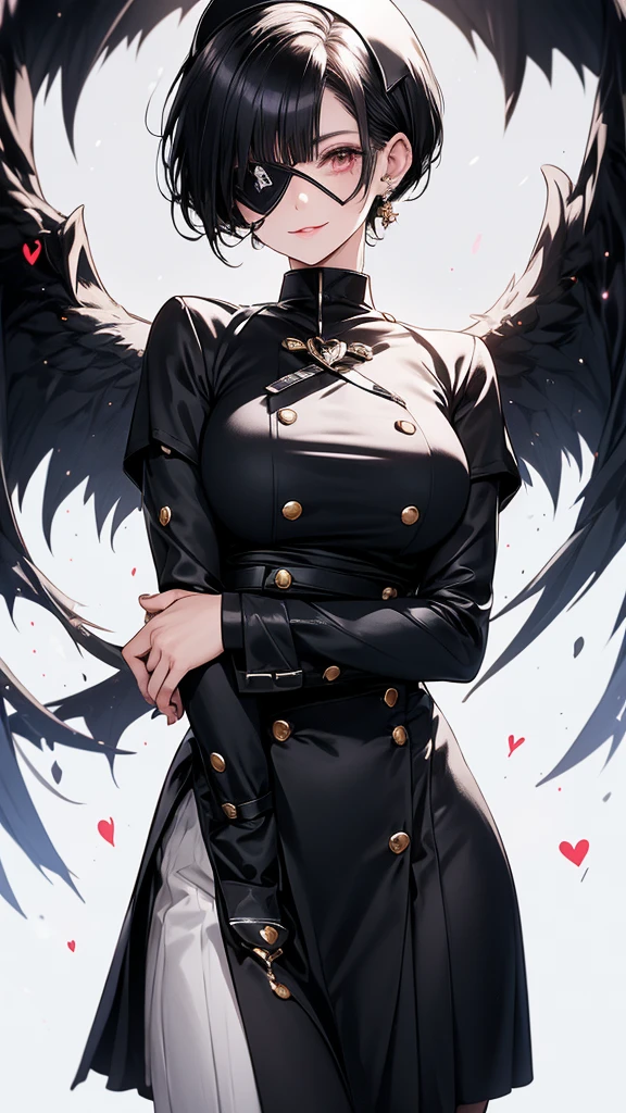 A beautiful woman wearing a shiny high-neck nurse uniform（20th Generation）Short black hair with an eyepatch with a heart mark on one eye.