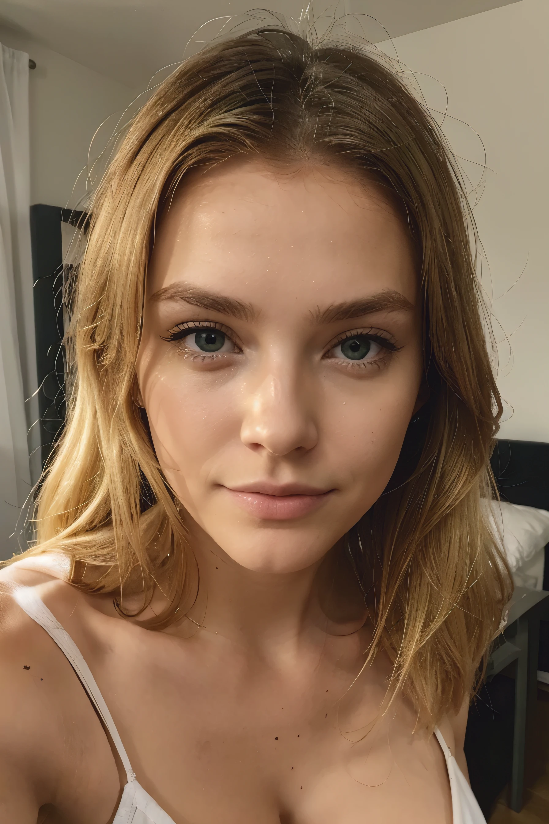 qualité parfaite, réaliste, cheveux blond, yeux vert, vetement fin, couleur de cheveux blond, selfie, photo de haute qualité, regard perçant, blonde 