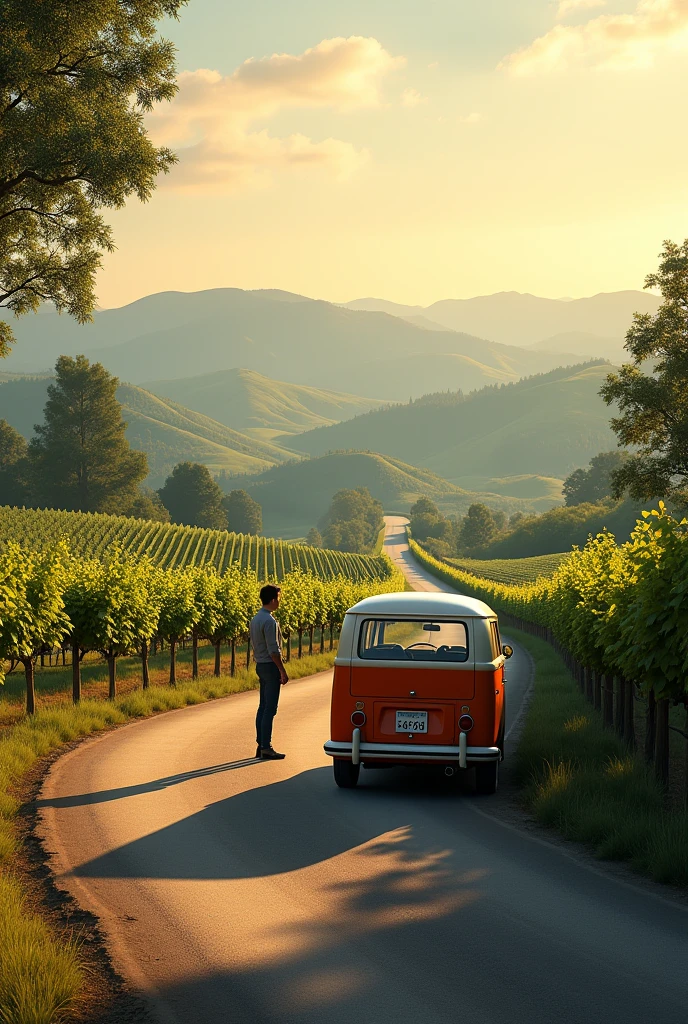 A road, a napa , a van and a person on the side