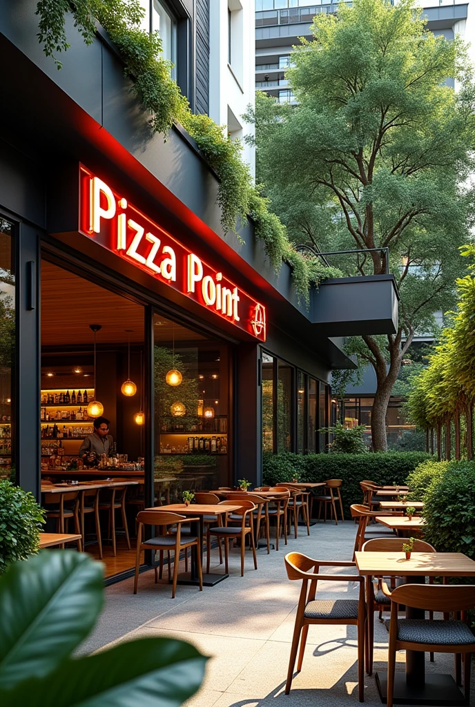 modern pizza restaurant outdoor green with plants and trees with neon sign text Pizza Point in the front of building with tables and chairs in wooden design in a greater bulding like (https://www.licht-luftbad-quartier.de/) only ground floor in a greater buildung