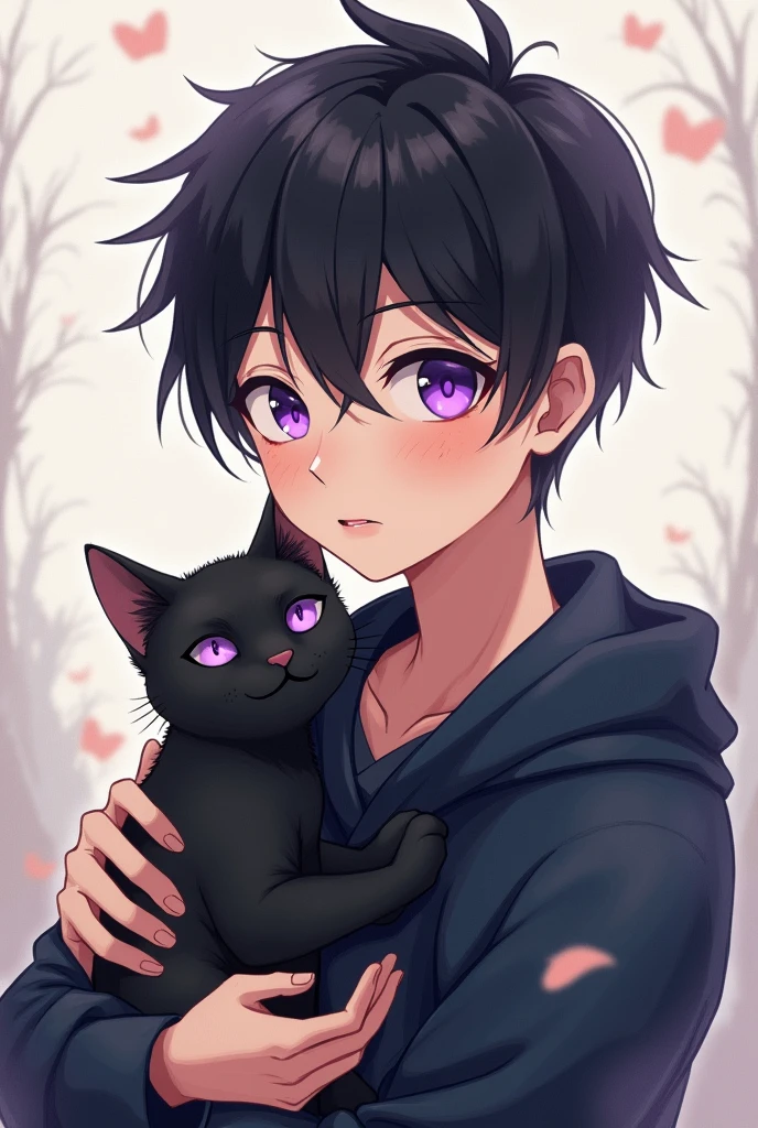 anime boy with black hair and purple eyes holding a black cat, an anime drawing inspired by Okumura Togyu, tumblr, mingei, [ digital art ]!!, , anime moe artstyle, !!full body portrait!!, happy birthday, he is about 20 years old, he is about 2 0 years old, ken kaneki
