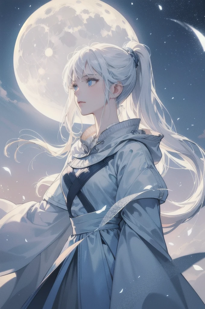 Masterpiece, (Best Quality: 1.2), (Super Fine: 1.2), Illustration, (Extremely Delicate and Beautiful: 1.2), Film Angle, Floating, (Beautiful Detail Eye: 1.1), (Detail Light: 1.1), Film Lights, Delicate Sky, Woman, White Hair, Blue Eyes, (High Ponytail: 1.1), Cloak, Glowing Eyes, (Moon: 1.2), (Moonlight: 1.1), Starry Sky, (Light Particles: 1.1), Fog , snow painting, sketching, blooming --auto