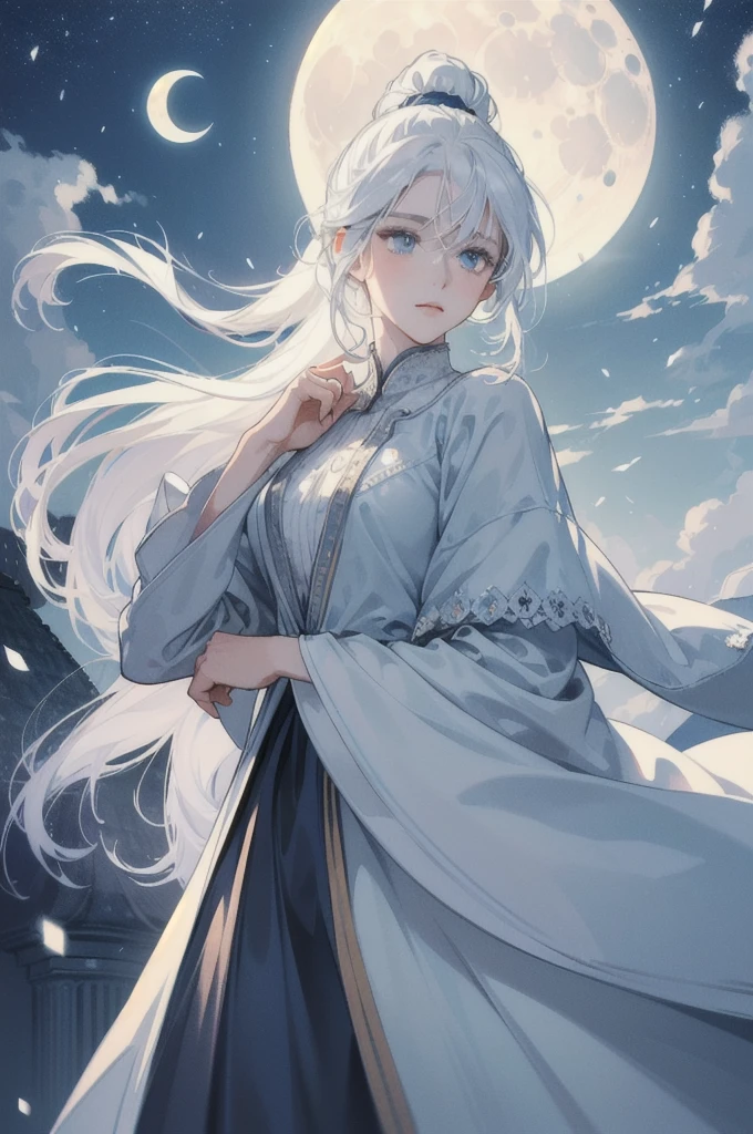 Masterpiece, (Best Quality: 1.2), (Super Fine: 1.2), Illustration, (Extremely Delicate and Beautiful: 1.2), Film Angle, Floating, (Beautiful Detail Eye: 1.1), (Detail Light: 1.1), Film Lights, Delicate Sky, Woman, White Hair, Blue Eyes, (High Ponytail: 1.1), Cloak, Glowing Eyes, (Moon: 1.2), (Moonlight: 1.1), Starry Sky, (Light Particles: 1.1), Fog , snow painting, sketching, blooming --auto