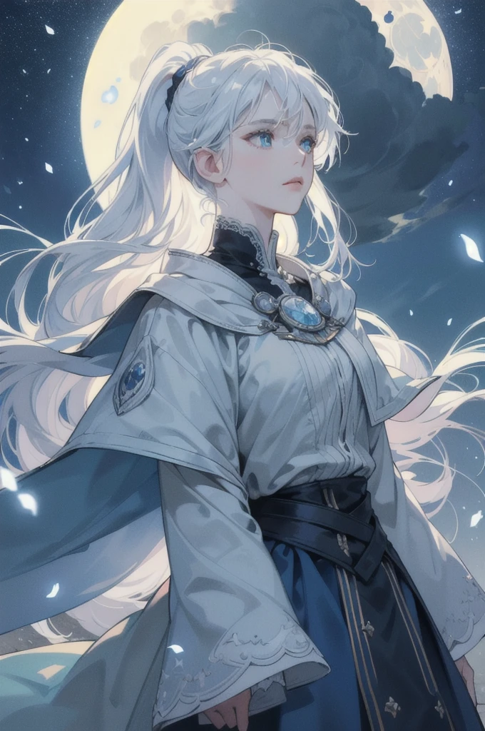 Masterpiece, (Best Quality: 1.2), (Super Fine: 1.2), Illustration, (Extremely Delicate and Beautiful: 1.2), Film Angle, Floating, (Beautiful Detail Eye: 1.1), (Detail Light: 1.1), Film Lights, Delicate Sky, Woman, White Hair, Blue Eyes, (High Ponytail: 1.1), Cloak, Glowing Eyes, (Moon: 1.2), (Moonlight: 1.1), Starry Sky, (Light Particles: 1.1), Fog , snow painting, sketching, blooming --auto