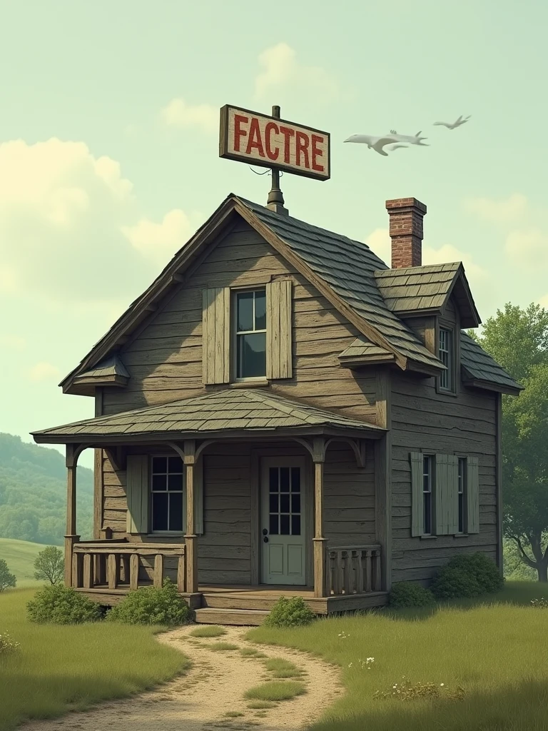 At the center of the image, there is a rustic house with a sign on top of the roof.