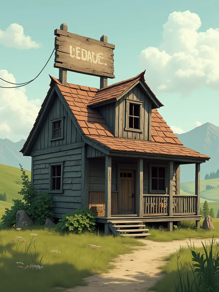 At the center of the image, there is a rustic house with a sign on top of the roof.