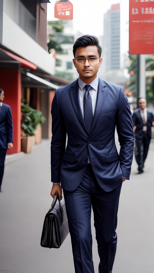 (best quality, ultra-detailed, photorealistic), good-looking malay man, SEAman, dressed in business suit, fit body, walking at the business district, glasses, afternoon, elaborate details