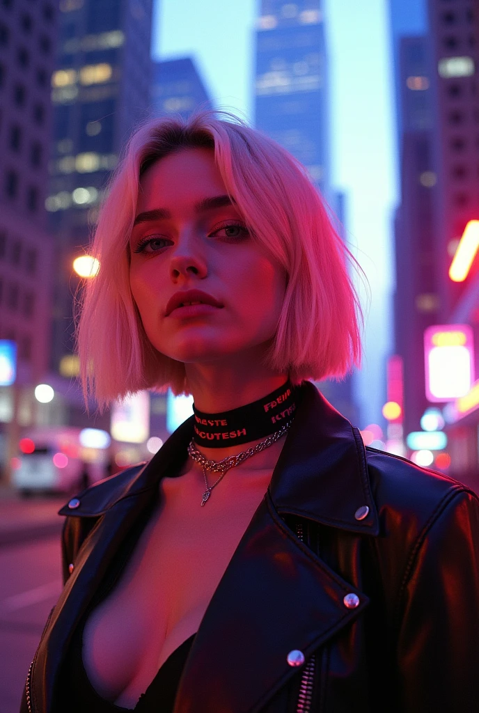 neonpunk style 20-year-old In the gritty streets of 1990 Manhattan, a street-style photograph captures the essence of grunge fashion embodied by a woman standing confidently in front of a sleek silver high-rise building. Her blonde hair, fashioned in the quintessential 90s bob, exudes an air of nonchalant rebellion reminiscent of the era's fashion trends. cyberpunk, vaporwave, neon, vibes, vibrant, stunningly beautiful, crisp, detailed, sleek, ultramodern, magenta highlights, dark purple shadows, high contrast, cinematic, ultra detailed, intricate, professional