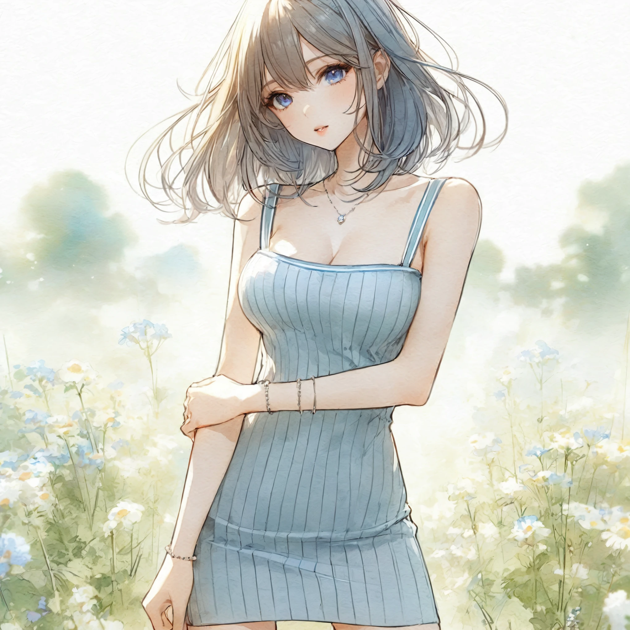 Official art using high-quality hand-drawn watercolor sketch techniques. (best quality,4k,8k,highres,masterpiece:1.2),ultra-detailed,beautiful detailed eyes,A girl with beautiful eyes, everyone, beautiful anime girl, cute anime girl, smooth anime art, anime style, elegant colors, soft lighting, delicate beautiful eyes, very coquettish, (beautiful large breast:1.2), (correct hands:1.2),
