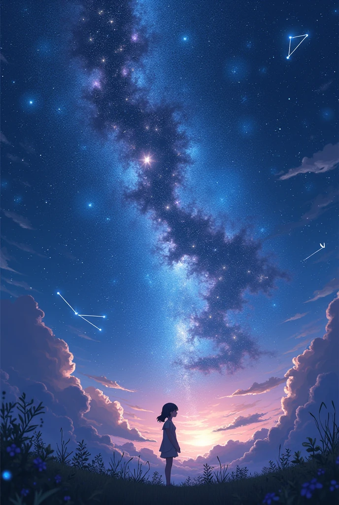 (best quality,4k,8k,highres,masterpiece:1.2),ultra-detailed,(realistic,photorealistic,photo-realistic:1.37),huge,magical,star-filled sky (funneling:0.9) stars,sparkling stars,anime style,girl in the background,cosmic nebula,constellations,captivating celestial scene,enchanted atmosphere,astral glow,stellar wonder,colorful dreamy hues,dimly lit,breathtaking cosmic masterpiece,The sky is filled with an immense number of stars, each one shining brightly, illuminating the vast darkness. The girl in the background stands in awe of the magical sight above her. She is depicted in an anime style, with expressive eyes and a captivating smile. The artwork is created with the utmost attention to detail, ensuring a high-quality visual experience. The star-filled sky is adorned with a cosmic nebula, creating an ethereal and mesmerizing backdrop. Constellations can be seen dotting the sky, their familiar shapes adding to the enchantment of the scene. The stars sparkle and twinkle, giving the impression of a shimmering celestial dance. The overall color palette consists of dreamy and vibrant hues, enhancing the magical atmosphere. The lighting in the scene is dim and subtle, further accentuating the celestial beauty. This artwork is truly a masterpiece, evoking a sense of wonder and awe in the viewer.