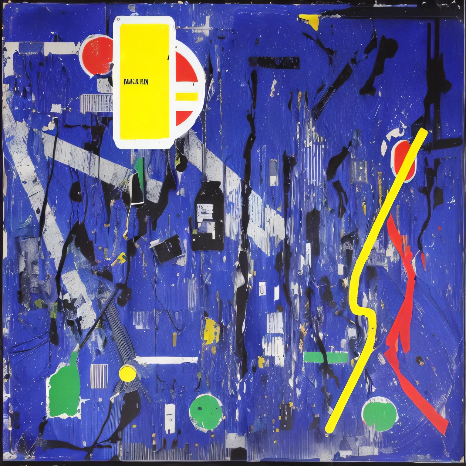 Picture of a blue background with a yellow sign and a yellow arrow., inspired Lt. Sigmar Polke, package cover, cover art, Inspired by Jimmy Ernst, the front of a business card, 1988 vinyl cover, Inspired by Kees Maks, Abstract album cover, nam june bitter, Lt. Sigmar Polke, inspired by Amir Zand, unknown artist