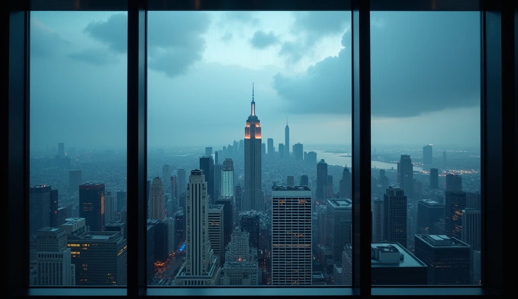a modern city skyline seen through a high window on a rainy, overcast day, deep blue tones, dramatic lighting, skyscrapers, urban landscape, cinematic, moody atmosphere, detailed architectural elements, reflections, dramatic clouds, rainy weather, cityscape, photorealistic, 8k, ultra-detailed, masterpiece
