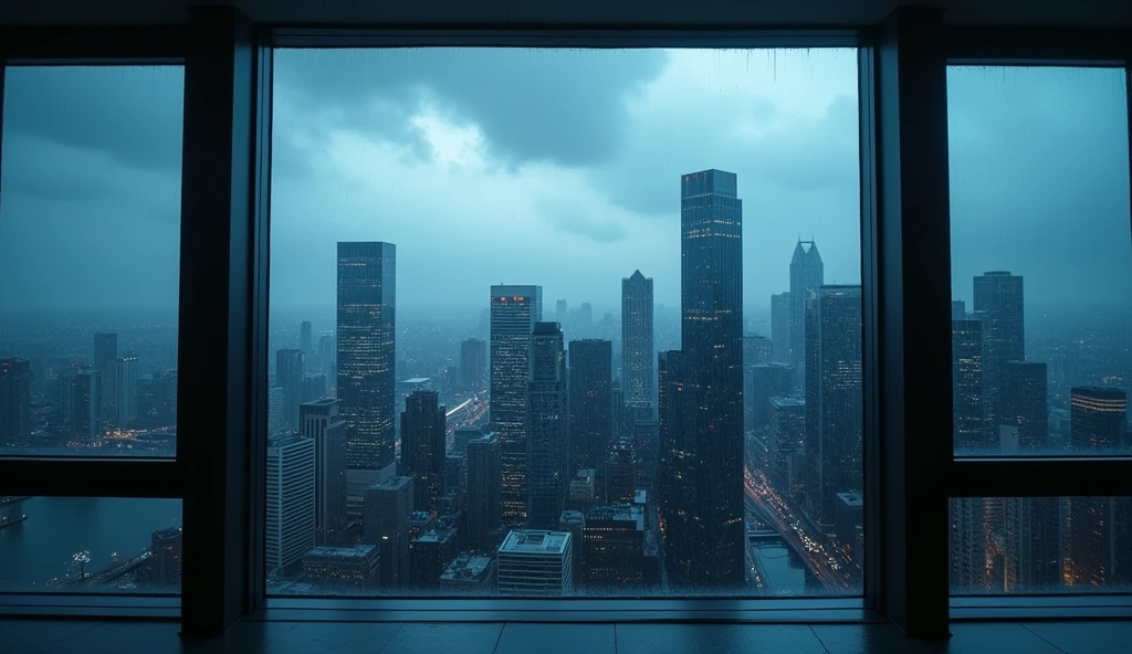 a modern city skyline seen through a high window on a rainy, overcast day, deep blue tones, dramatic lighting, skyscrapers, urban landscape, cinematic, moody atmosphere, detailed architectural elements, reflections, dramatic clouds, rainy weather, cityscape, photorealistic, 8k, ultra-detailed, masterpiece