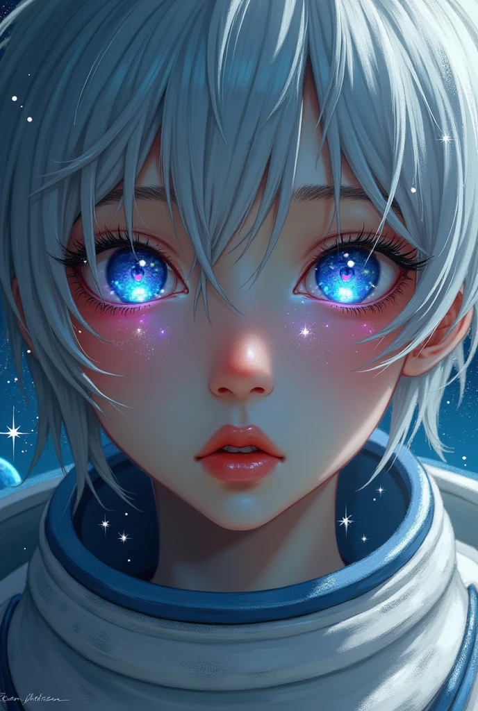 (Close-up of a better masterpiece:1.5)0.9], (Space and astronauts:1.2) (Messy silver hair:1.1) (Heterochromia xanthochromia and blue eyes:1.2) (Space Helmet:1.0) (Colored stars in the eyes:1.0) (A radiant glow:1.1) (thick lips:0.9)