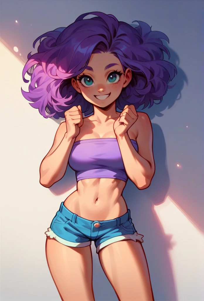 purple hair hair, 18 years old, sexy, showing off curves sexy, gorgeous, caucasian, abigail stardew , smiling, cute, wearing tiny shorts and a tube top