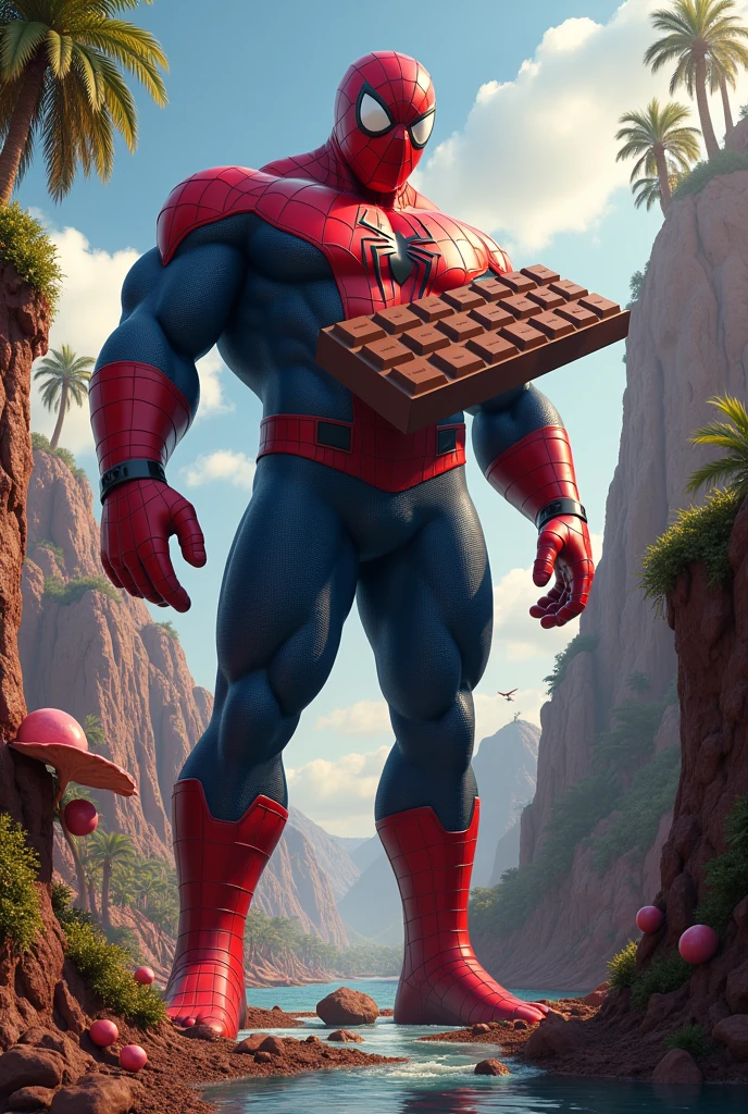 Gaint spider man eating a gaint chocolate in chocolate island