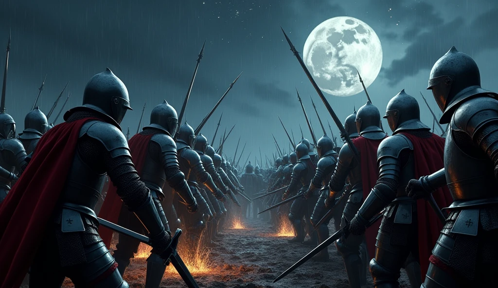 A highly realistic, high-contrast, 8K HD, detailed, hyper-detailed battle scene where the knights from the provided image, wearing steel armor with red crosses on their tunics, are locked in fierce combat under a dark night sky. They are fighting against an enemy army of knights clad in full silver armor, without any emblems. The moon and stars provide a cold, eerie light that reflects off the polished armor of both forces. Swords clash and sparks fly as the two armies battle intensely, the air filled with the sounds of metal on metal and the cries of war. The ground is marked with the struggle, as knights on both sides fight with relentless determination. The dramatic lighting captures the glint of steel and the intense emotions of the battle. The image is of the highest quality, with ultra-high resolution, RAW photo quality, and Unreal Engine rendering, depicting the brutal and epic confrontation under the night sky.