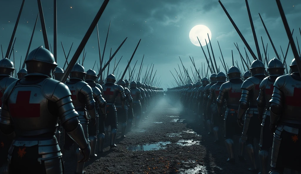 A highly realistic, high-contrast, 8K HD, detailed, hyper-detailed battle scene where the knights from the provided image, wearing steel armor with red crosses on their tunics, are locked in fierce combat under a dark night sky. They are fighting against an enemy army of knights clad in full silver armor, without any emblems. The moon and stars provide a cold, eerie light that reflects off the polished armor of both forces. Swords clash and sparks fly as the two armies battle intensely, the air filled with the sounds of metal on metal and the cries of war. The ground is marked with the struggle, as knights on both sides fight with relentless determination. The dramatic lighting captures the glint of steel and the intense emotions of the battle. The image is of the highest quality, with ultra-high resolution, RAW photo quality, and Unreal Engine rendering, depicting the brutal and epic confrontation under the night sky.