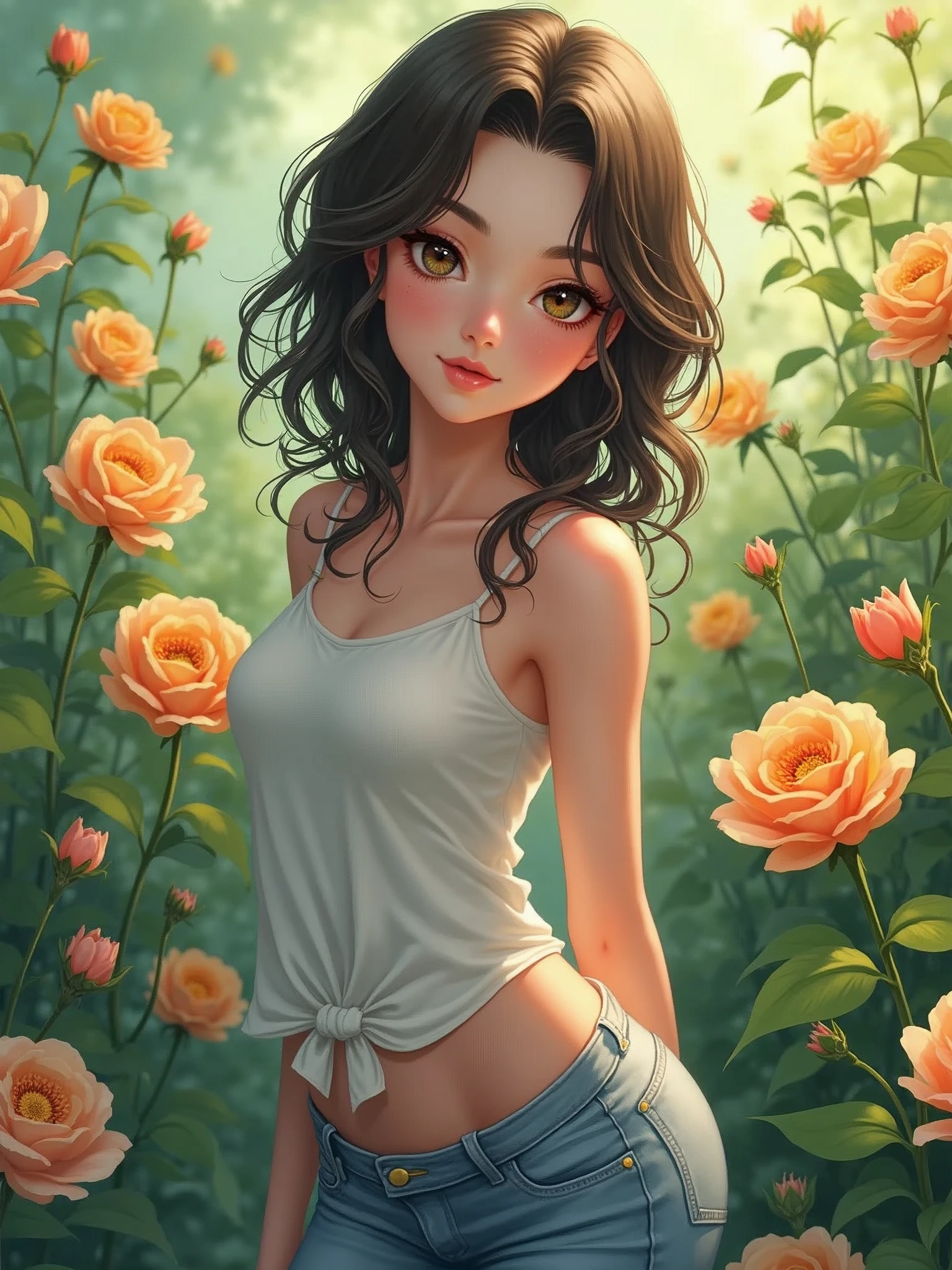 a beautiful young lady, wearing beautiful casual clothes, in garden of flowers, full body pictures, realistic anime version, fantasy, beautiful pretty face, highest quality, curve body girl
