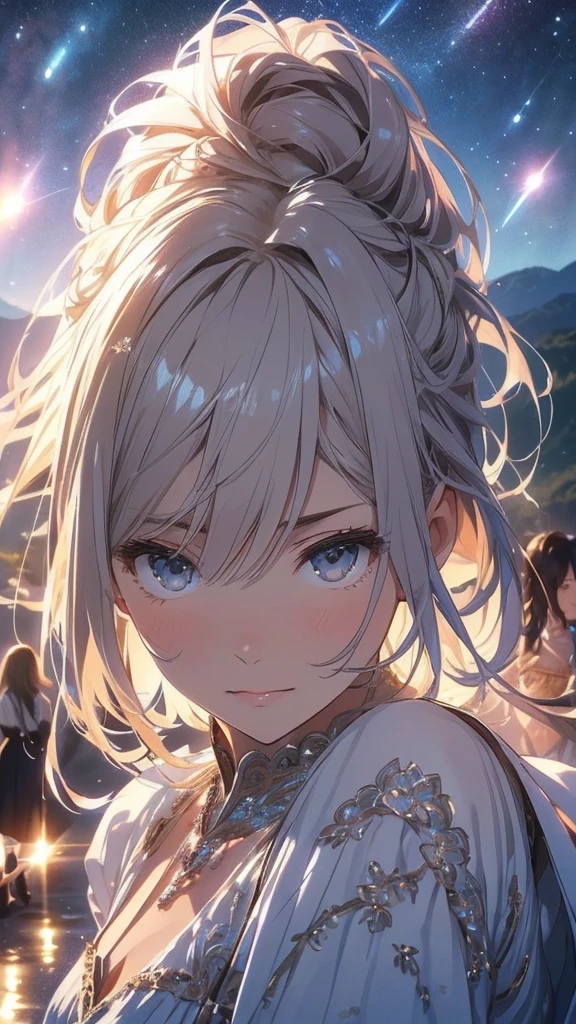 Highest quality、High resolution、Detailed Background、(Beautiful face in every detail:1.4)、(Highly detailed face:1.4)、Light-colored hair、A cute dress with a low level of exposure、Stunning natural scenery、Three beautiful girls against a backdrop of numerous comets floating in the night sky