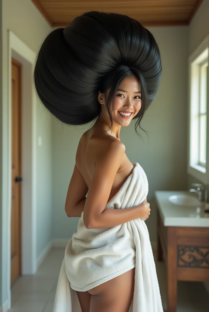 Beautiful Asian woman,((full body shot from hair to feet)), with a very large hair bun, the size of the bun is 8 times the size of her head, very large traditional Javanese hair bun, circular bun, shiny black hair, wearing towel on body, both hands holding a bun, gigantic breast, large breast,shaggy tits,bathroom atmosphere, laughing,(pose looking back over shoulder) ,