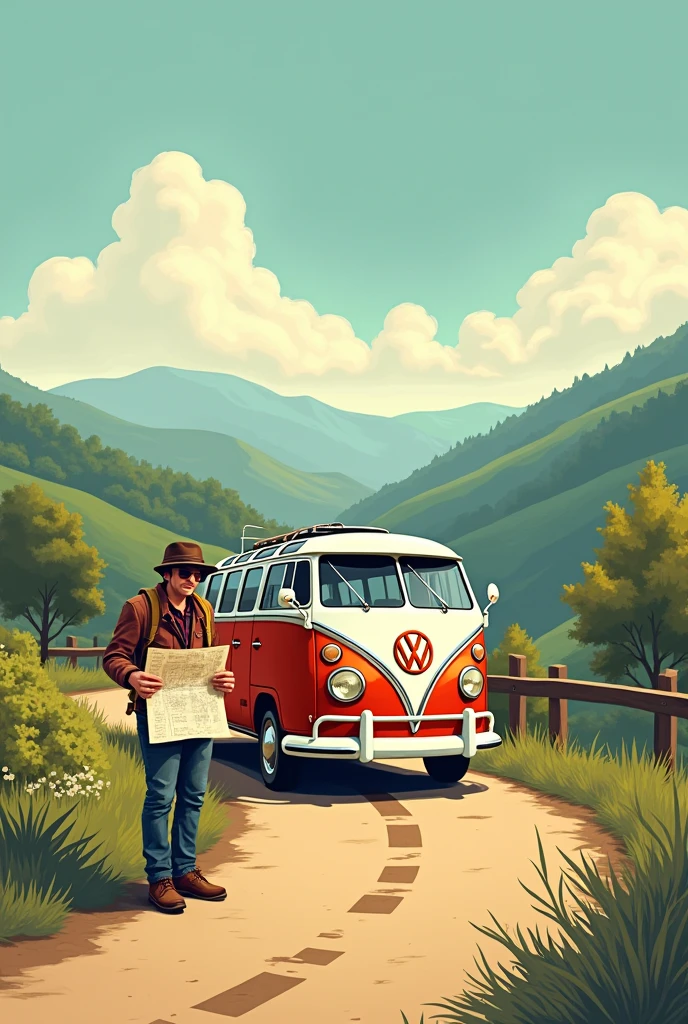 A road, A map , a kombi and a person next to it in a drawing