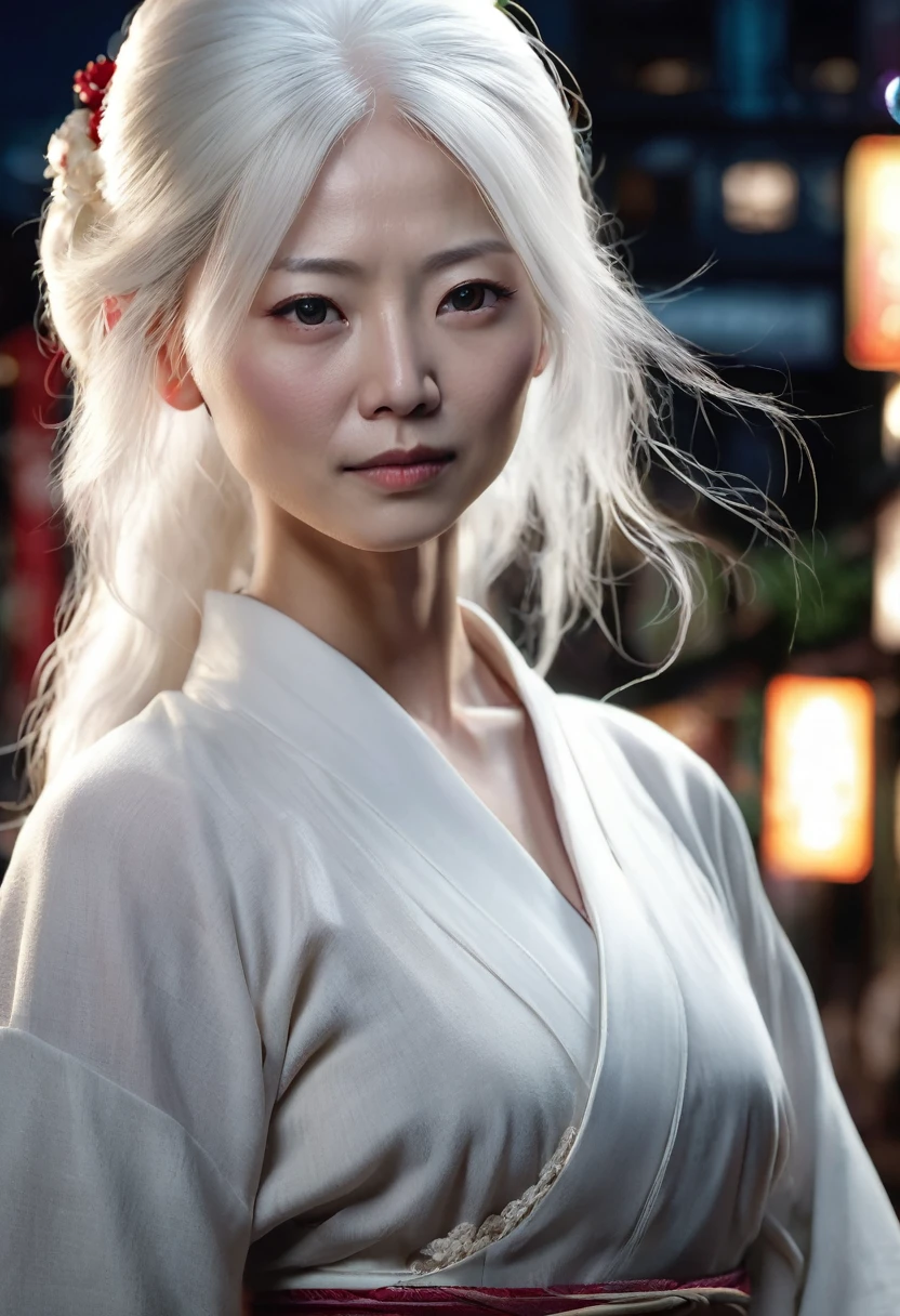 1 woman, she is a villager, she is 40 years old, she is Japanese, inside a city at night, wearing a white dress, feminine light gray eyes, fair and detailed skin, modest clothing, long white hair, she is an albino Japanese woman, dramatic lighting, cinematic composition, dark palette, dark colors, atmospheric haze, thin chin, serious face, serious face, beautiful woman, very beautiful, adult woman, ultra realistic, adult woman (best quality, 4K, 8K, high resolution, art: 1.2), ultra detailed (realistic, photorealistic, photorealistic: 1.37)