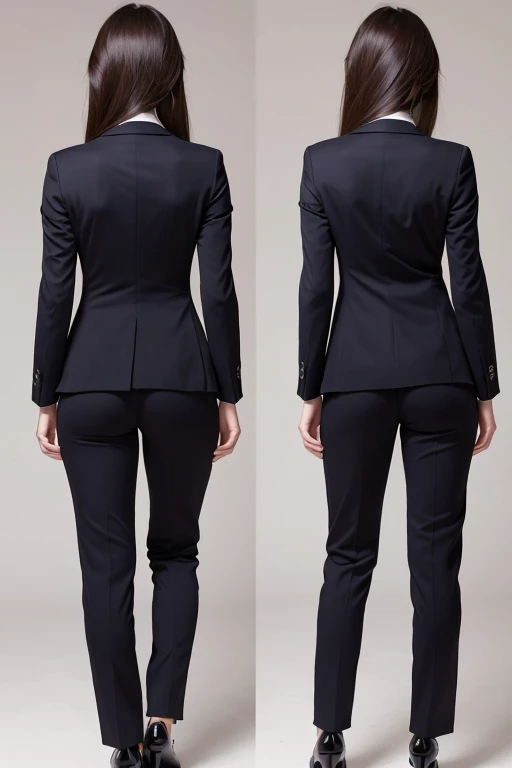 Back view of a girl in a tight pantsuit。The face turns around and looks this way, panties