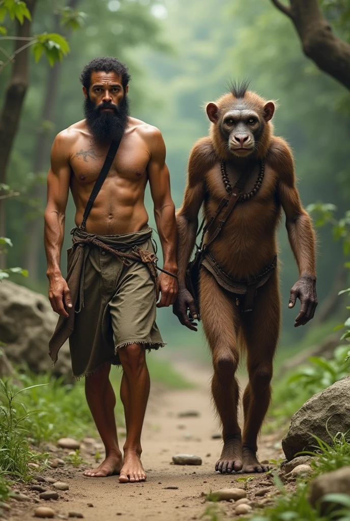 Image of a man and a hominid walking on two legs