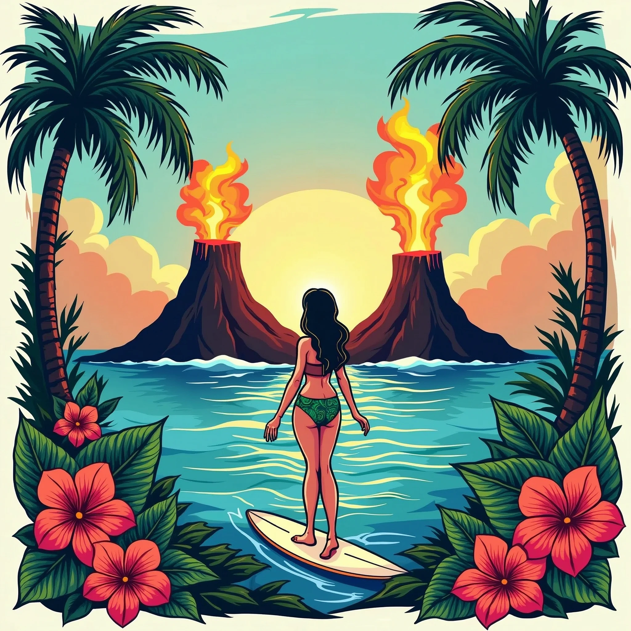 A Hawaiian style t-shirt print, happy volcanoes, ripples, surfboard, palmtrees, Hawaiian woman surfing in the distance and flowers on the edges. style cartoon, high quality 2000x2000