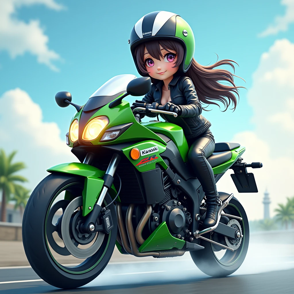(masterpiece, cute_cartoon_style, official art, octane-render):1.33, 1girl, ((perfect hands)), busty, playful, (detailed moist eyes), (motorcycle details kawasaki ZZR400), in a jet helmet, black jacket, motor cycle pants, motorcycle shoes, ((hair blowing in wind)), (Detailed jet-black long hair, lustrous skin, strong wind, water, wind, dynamism, power, (subjective Perspective), touring motorcycle, sprint, Full Power Sprint, fun riding, (headland, lighthouse), Beautiful and delicate light, very delicate and beautiful, glowing skin, shining hair, dense and delicate clothes, smiling girl astride an touring motorcycle, particle light,