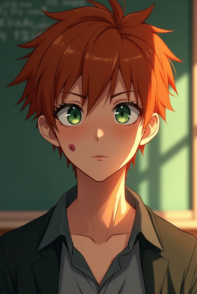 (photorealism:1.2), handsome guy, ginger hair, soft green eyes, stoic and serious look, 5’8 in height, lean body, a bruise around left eye and on face, freckles on face, soft lighting, classroom in background, anime, realistic, intricate details, warm colors