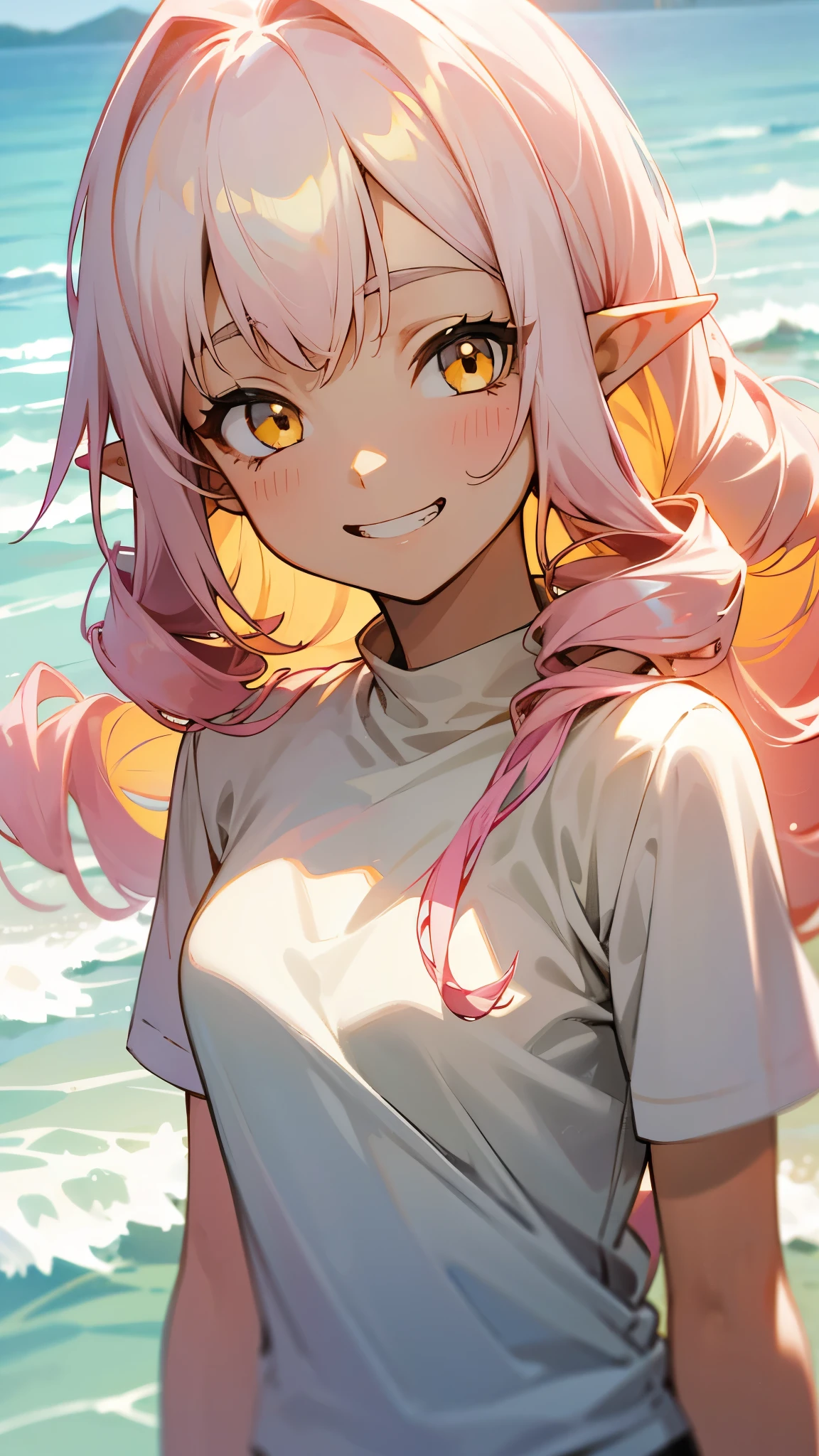 Girl、Long Hair Pink、Twin Drill, Bangs divided into left and right:1.5、Yellow Eyes、Pointy Ears、Grin、White T-shirt with ethnic pattern、White shorts、Beach Scenery、Soft lighting、Summer mood、Upper body close-up