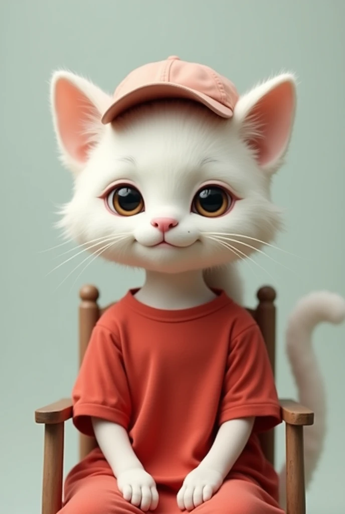 White head cat face girl lips on like girl with cap on head red shirt and show full body with lags look front setting on chair cat clean background