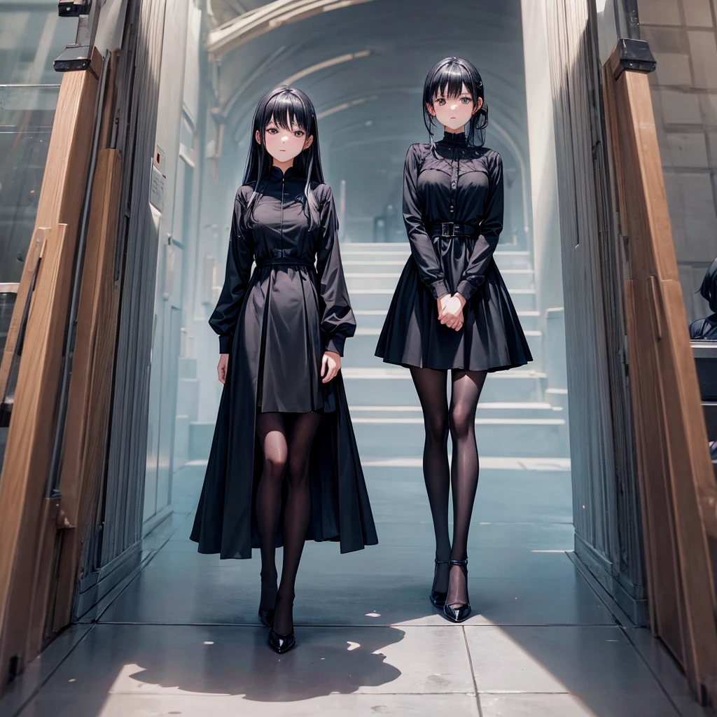 Woman wearing a black dress、Black tights、Black pumps、standing、anime、Funeral hall