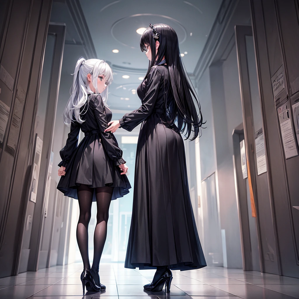Woman wearing a black dress、Black tights、Black pumps、standing、anime、Funeral hall