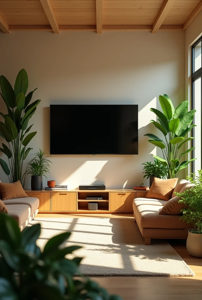 A room with a large TV and plants in pots 