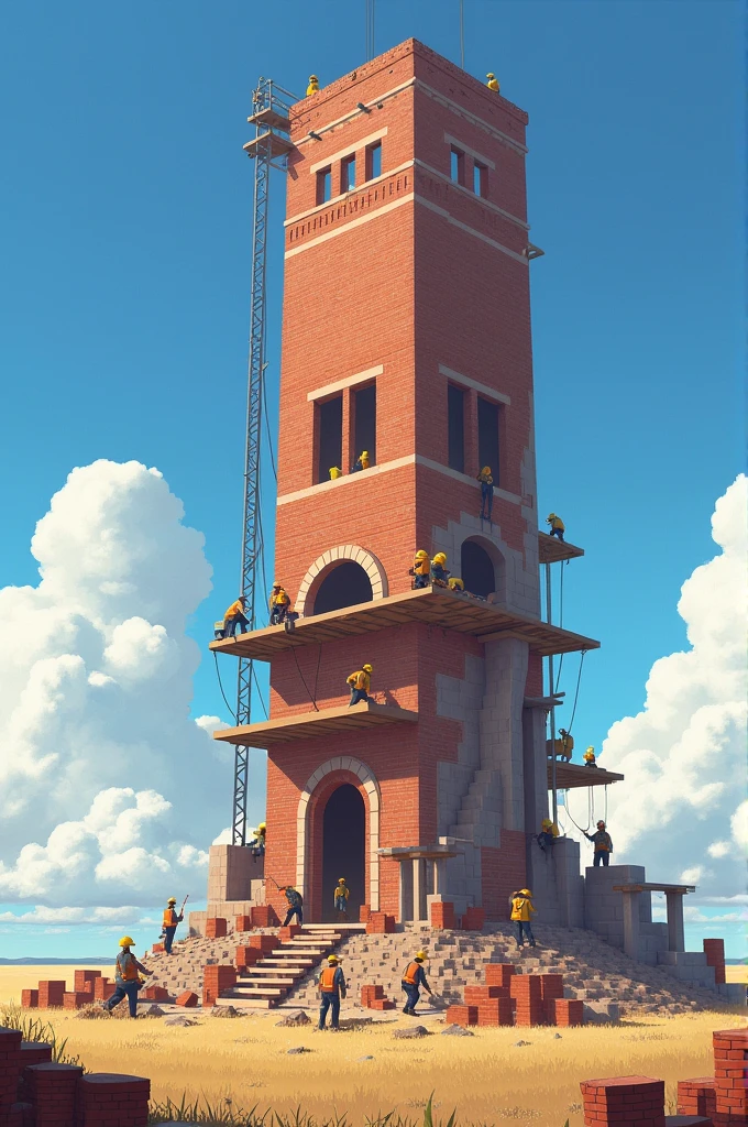 Tower Construction Image: Description: Show workers on various levels of the tower, which is tall and imposing. The tower is made of bricks and mortar, and is unfinished, with scaffolding and tools scattered around. The setting is an open field, with people in different clothes and construction equipment, focused on their work.