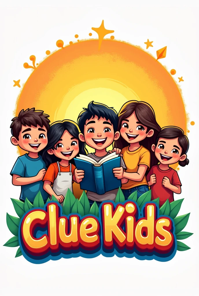 Create a logo that features a Christian Bible and says 'Clue Kids' in colorful Latin American Spanish. It should also include some children from today's time.



