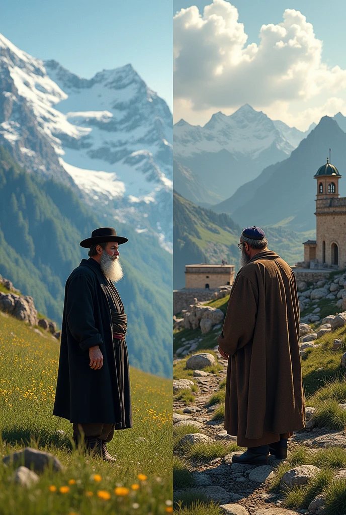 (photorealism:1.2), Two pictures side by side in wide format. In one picture, a typical Jew on the Rütli alps in Switzerland. In the other picture, a typical Swiss farmer in alpine herdsman clothes on the Temple Mount in Jerusalem.